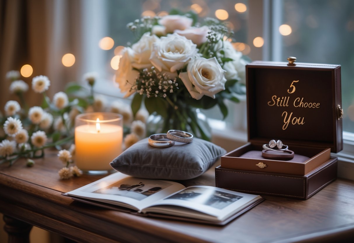 A table with anniversary gifts including silver rings on a velvet cushion, a photo album, a bouquet of flowers, and a lit candle in a warm, softly lit room.