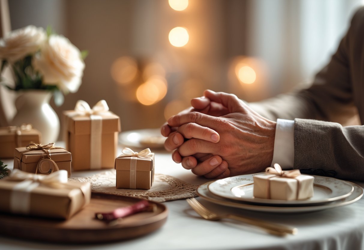 A couple holding hands across a table with wooden anniversary gifts and a wrapped present, surrounded by soft lighting and floral accents.