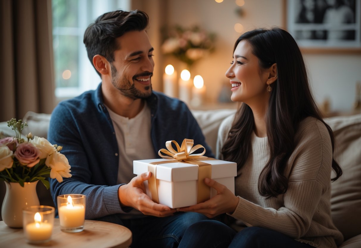 A couple exchanging a wrapped gift in a cozy room, smiling warmly at each other during an anniversary celebration.