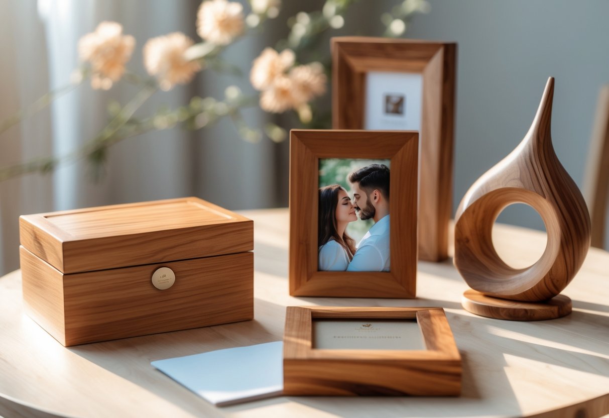 A wooden keepsake box, wooden photo frames with a couple's picture, and a modern wooden sculpture arranged on a wooden table with soft natural lighting and a blurred floral background.