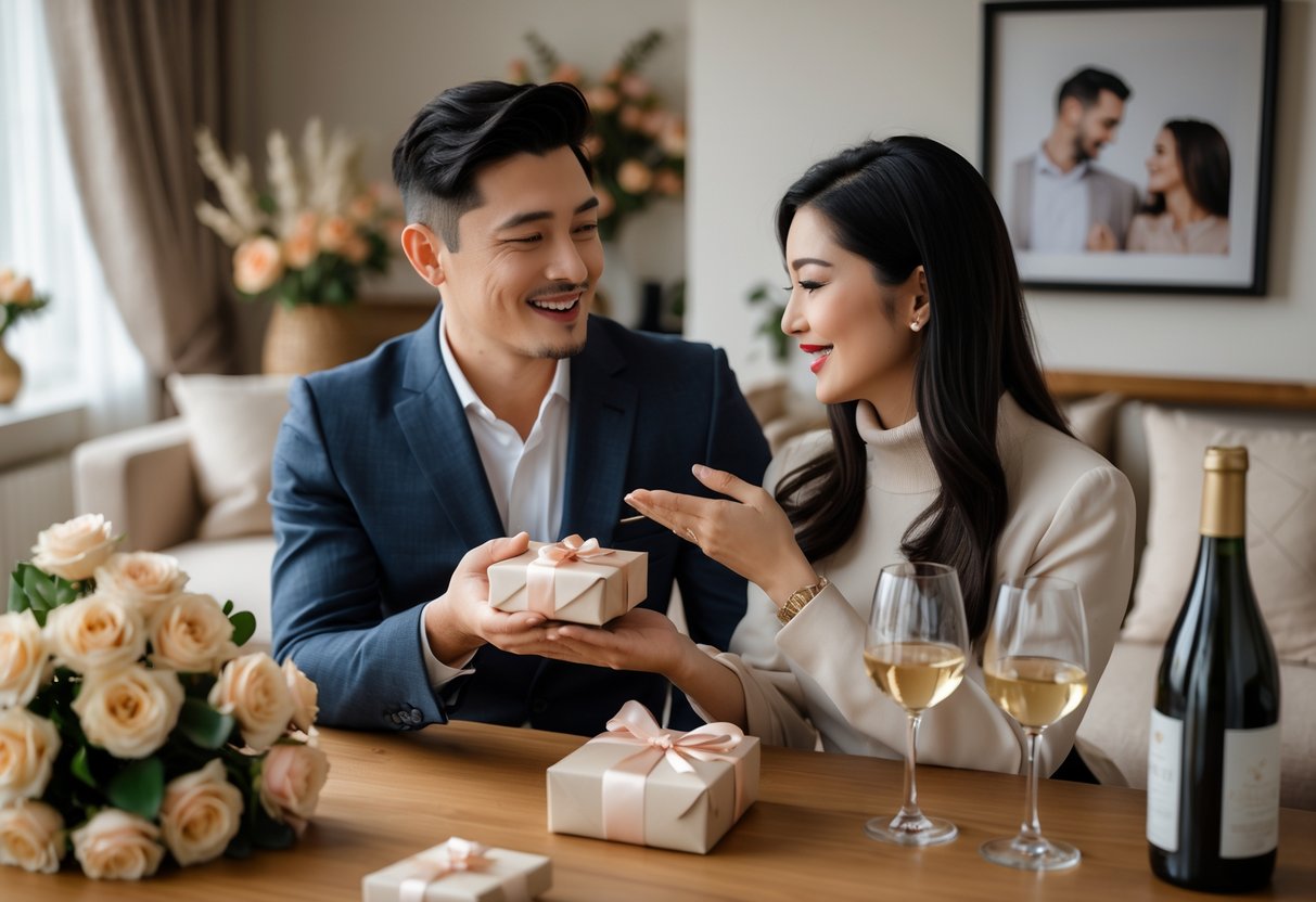 A couple celebrating their five-year anniversary at home with a gift, flowers, and wine, smiling at each other warmly.
