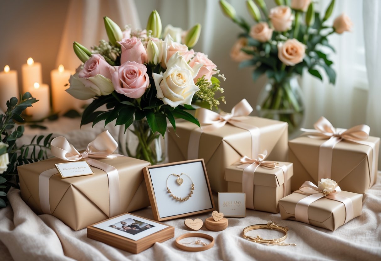 A romantic anniversary gift arrangement with wrapped presents, flowers, jewelry, and candles on a softly lit table.