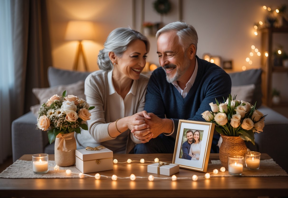 A middle-aged couple holding hands and smiling at each other across a table with anniversary gifts and flowers in a cozy living room.