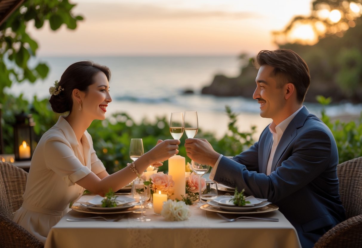 A couple holding hands and smiling at each other during a romantic outdoor dinner at sunset with a scenic beach or garden background.