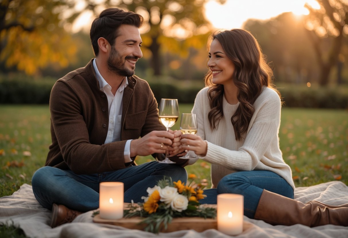 A smiling couple holding hands outdoors at a picnic, celebrating their 5th wedding anniversary surrounded by greenery and soft sunlight.