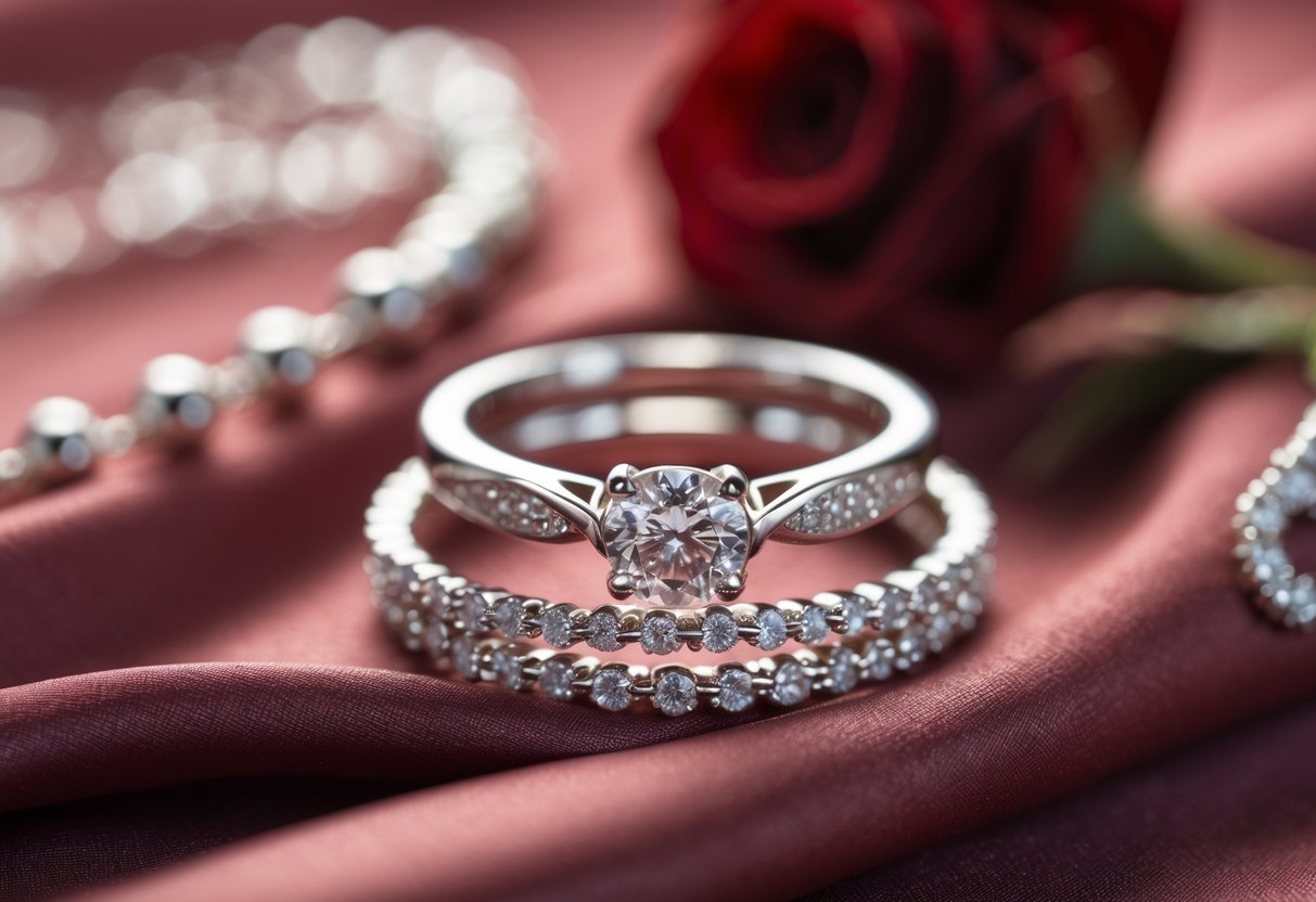 Close-up of elegant anniversary jewelry including a ring and matching pieces arranged on soft fabric, symbolizing five years of love.
