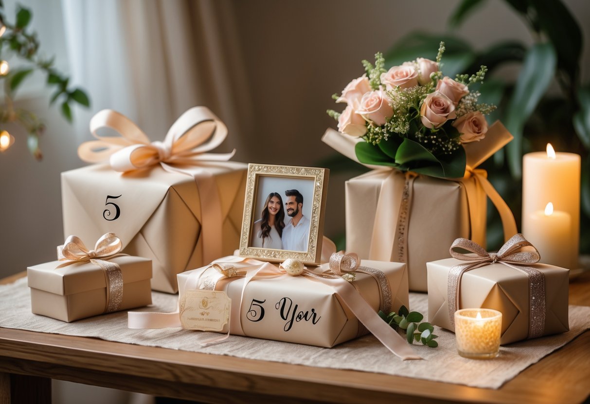 A close-up of a neatly wrapped anniversary gift set with flowers and decorative items on a wooden table.