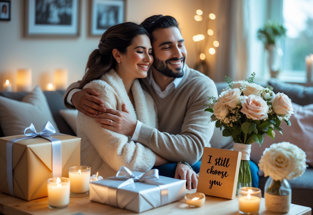 A couple embracing and smiling in a cozy living room surrounded by anniversary gifts and romantic decorations.