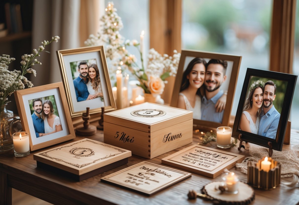 A wooden table with personalized 5-year anniversary gifts including photo albums, engraved plaques, and framed pictures surrounded by flowers and candles.