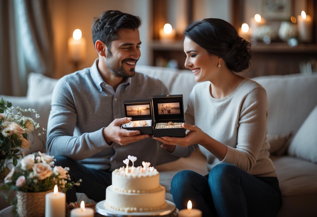 A couple exchanging personalized anniversary gifts in a cozy living room decorated for their 5th wedding anniversary.