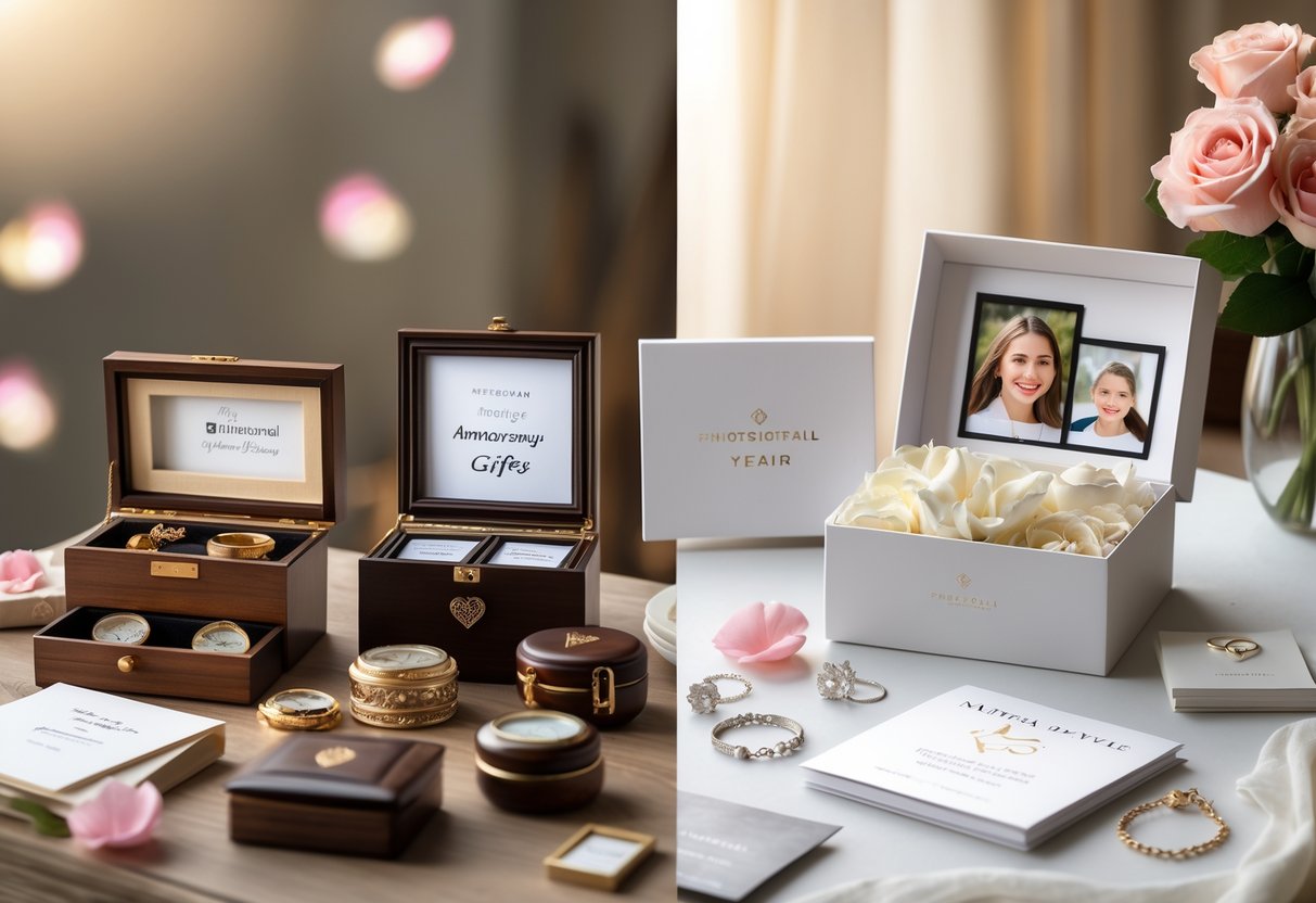 A table displaying traditional wooden keepsakes and modern personalized anniversary gifts arranged side by side with soft lighting and decorative elements.