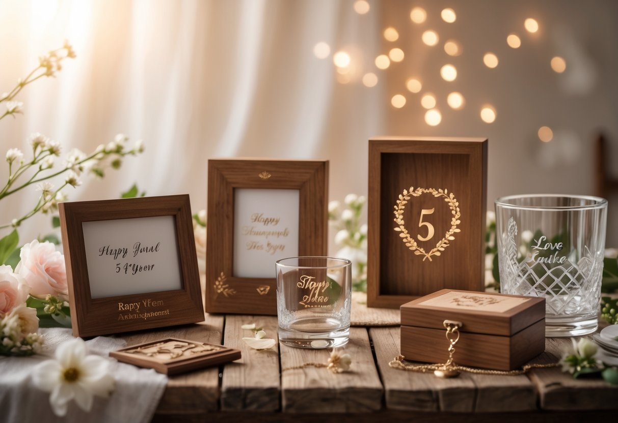 A collection of personalized anniversary gifts including engraved photo frames, custom glassware, and jewelry boxes arranged on a wooden table with floral decorations.