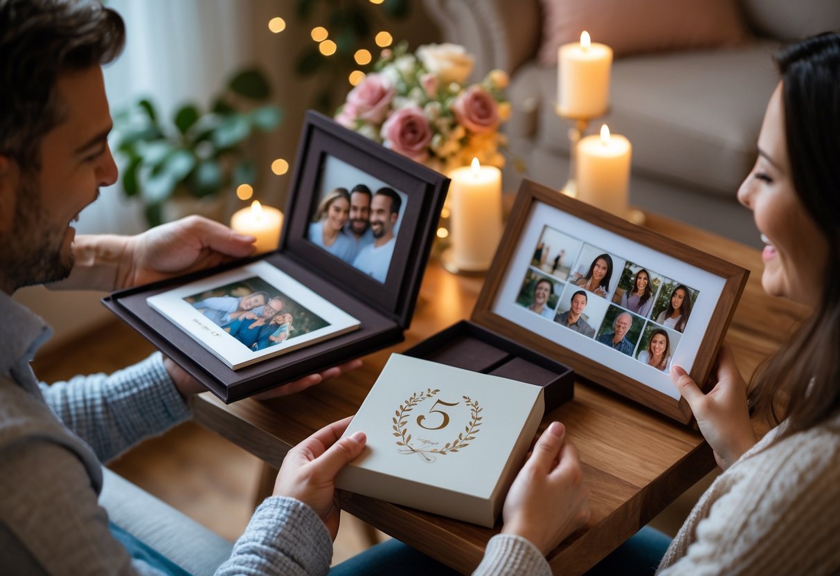 A couple exchanging personalized anniversary gifts in a cozy living room decorated with candles and flowers.