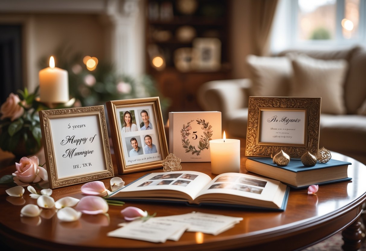 A collection of personalized anniversary keepsakes including engraved photo frames and memory books arranged on a wooden table with rose petals and a lit candle nearby.