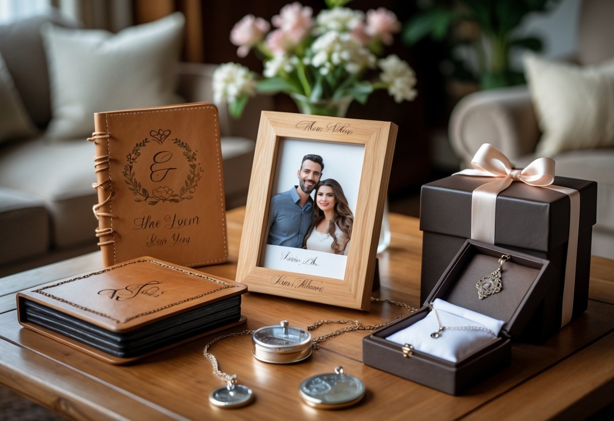 A collection of personalized anniversary gifts including a photo frame, leather journal, silver locket, and keepsake box arranged on a wooden table with a cozy living room background.