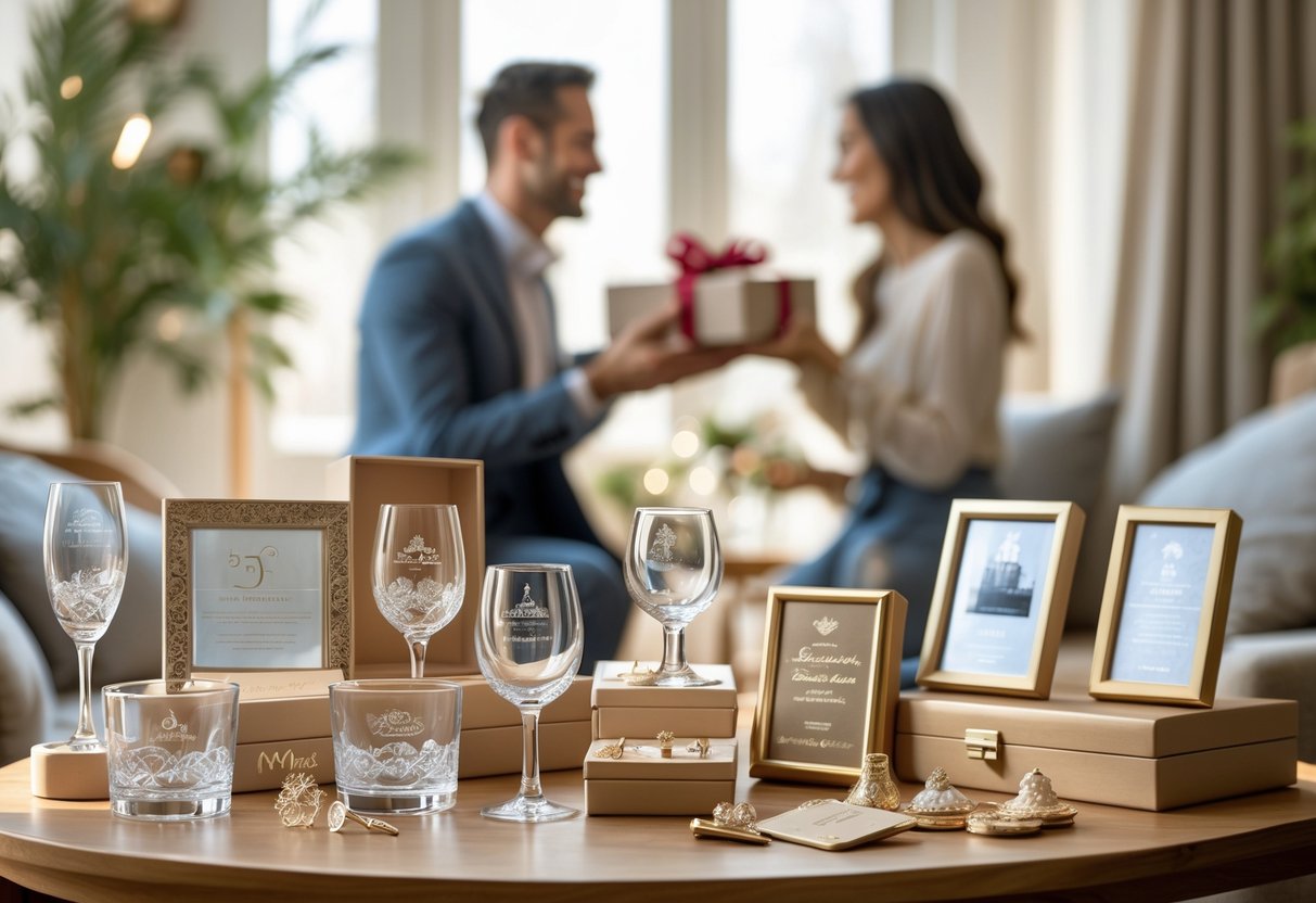A couple exchanging personalized 5th anniversary gifts displayed on a wooden table, including engraved glassware and photo frames.