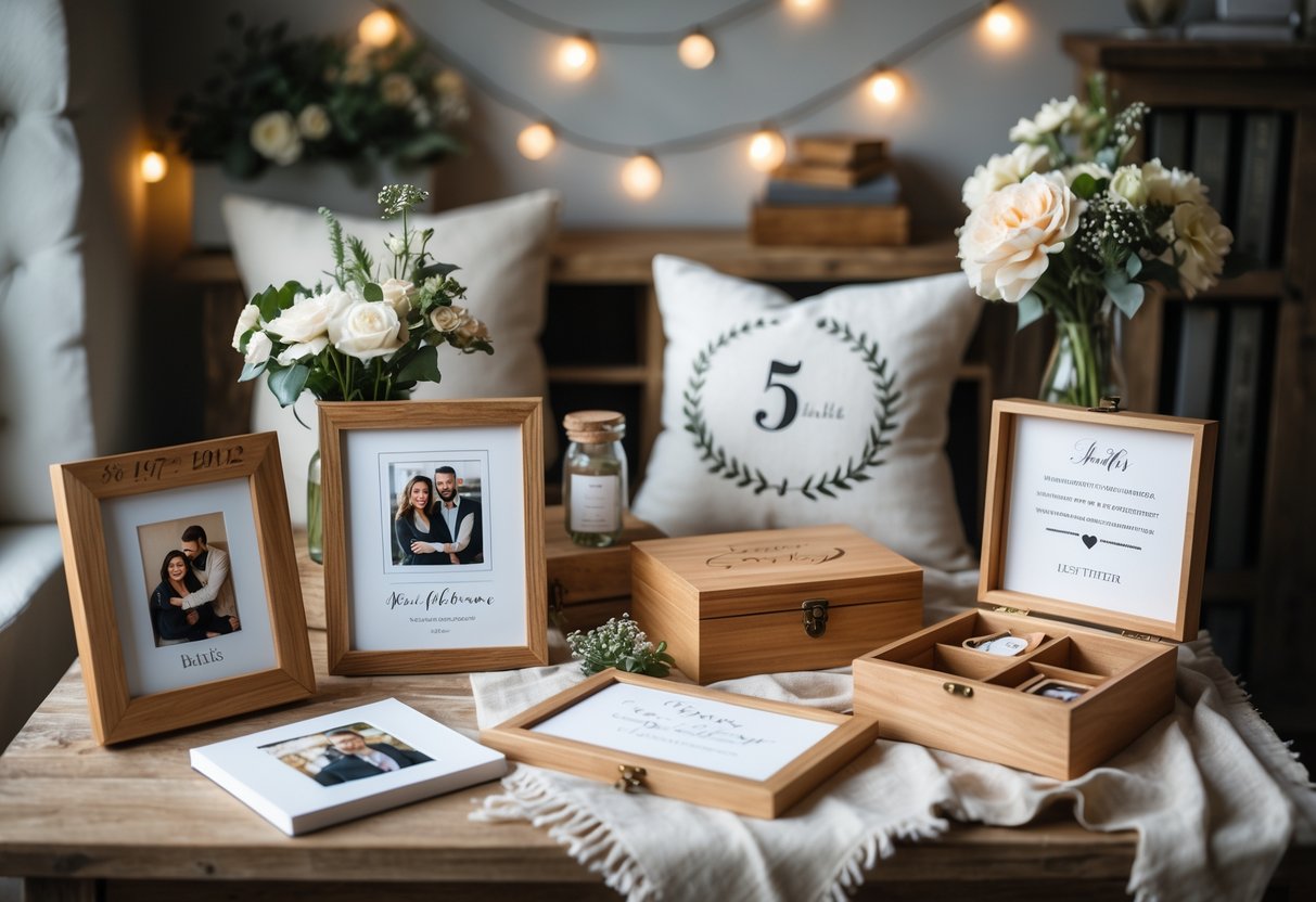 A table displaying personalized anniversary gifts including engraved wooden photo frames, custom cushions, a keepsake box with mementos, and a bouquet of flowers.