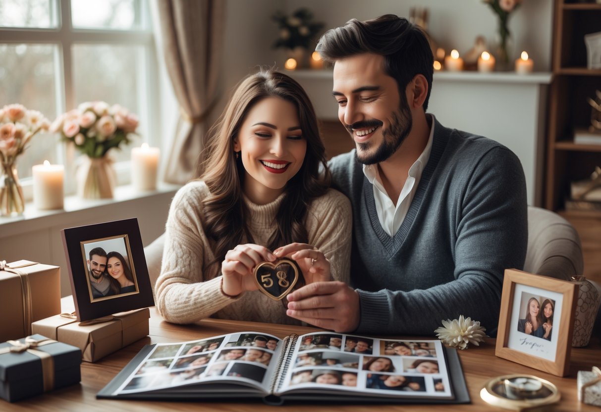A couple sitting at a table with personalized anniversary gifts, smiling and enjoying a special moment together.