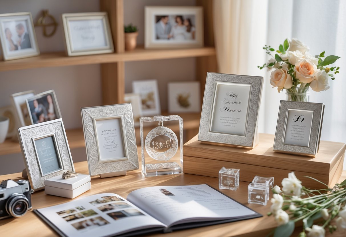 A collection of personalized anniversary keepsake gifts displayed on shelves and a table, surrounded by flowers, a camera, and a scrapbook.