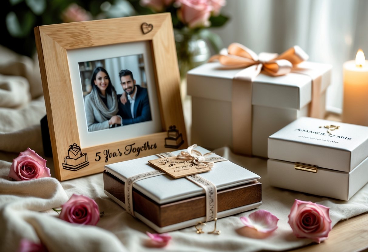A collection of personalized anniversary gifts arranged on a table, including engraved photo frames, memory books, and jewelry boxes with rose petals and a candle nearby.