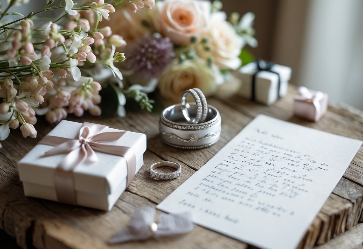 A table displaying anniversary gifts including silver rings on a velvet cushion, a bouquet of flowers, a handwritten letter, and a small gift box tied with a ribbon.