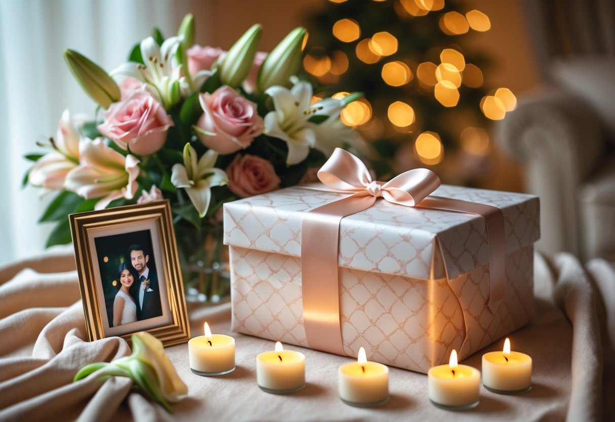 A gift box wrapped with a satin ribbon surrounded by flowers, candles, and a framed photo, symbolizing a five-year anniversary celebration.