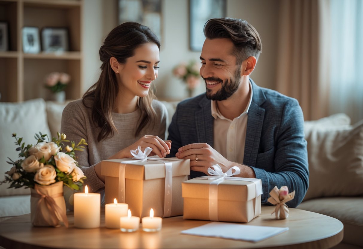 A couple exchanging anniversary gifts in a cozy living room decorated with flowers and candles, smiling warmly at each other.