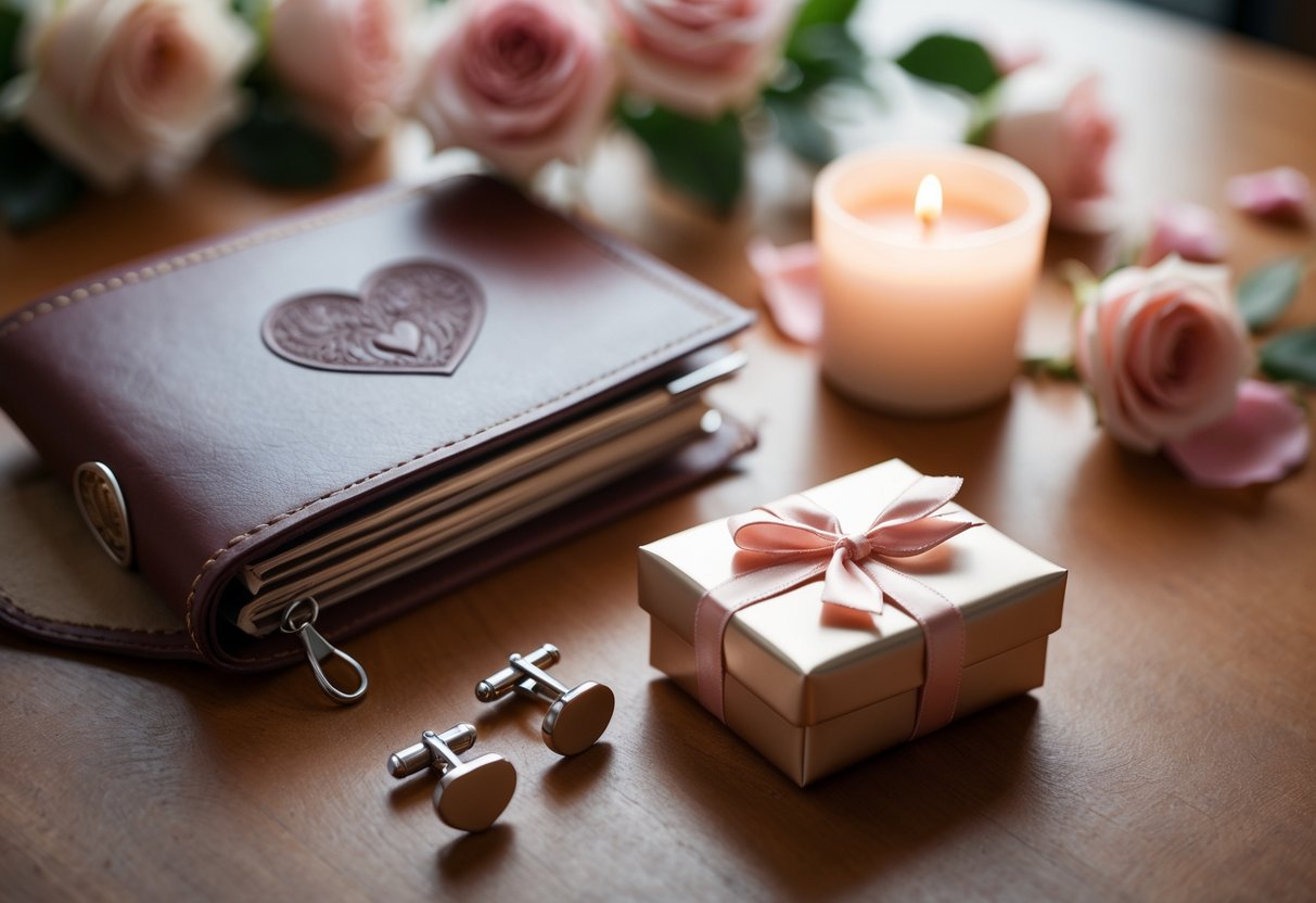 A collection of five-year anniversary gifts including a leather journal, silver cufflinks, a rose gold bracelet, and a small wrapped box, arranged on a wooden table with rose petals and a candle in the background.