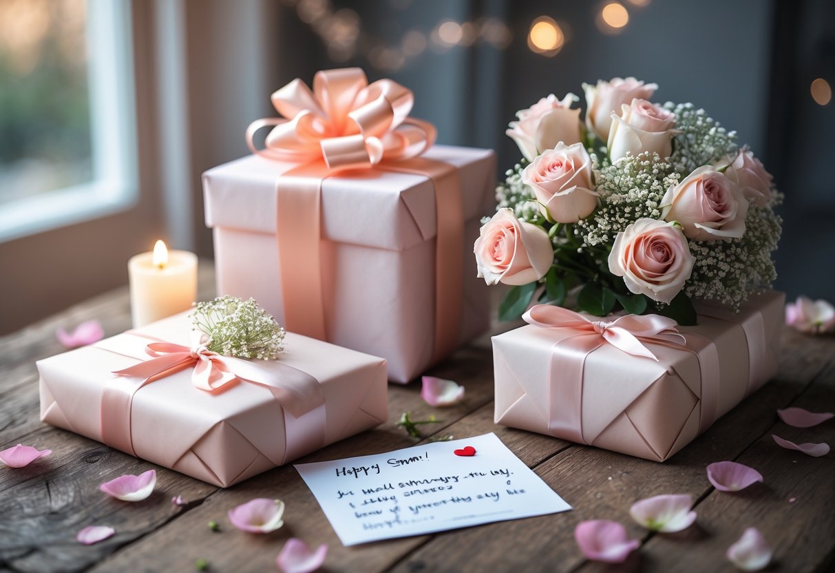 A romantic anniversary gift setup with wrapped presents, flowers, a love note, rose petals, and a lit candle on a wooden table.