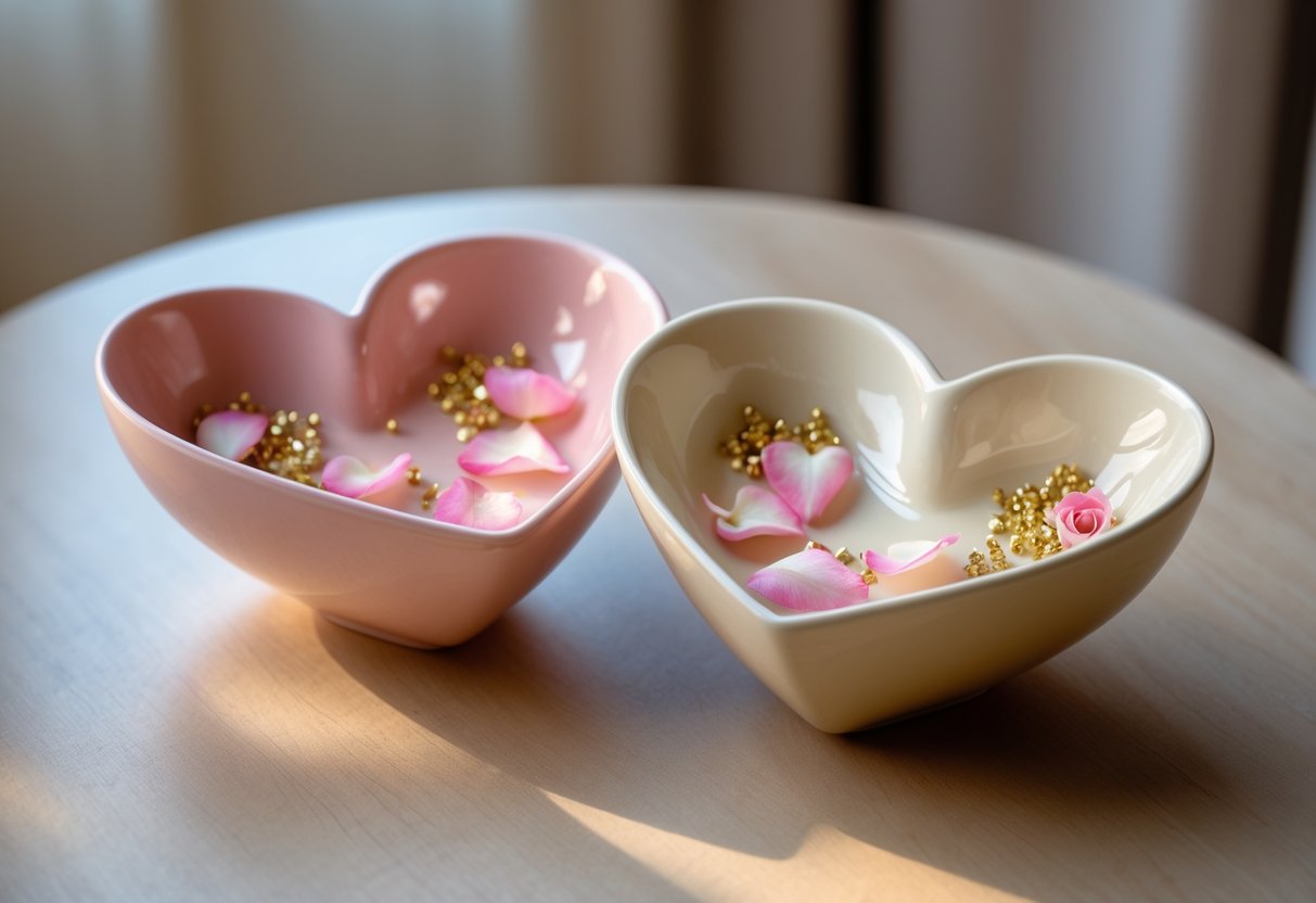Two heart-shaped bowls placed side by side on a wooden surface, filled with rose petals and small decorative elements, symbolizing love and togetherness.