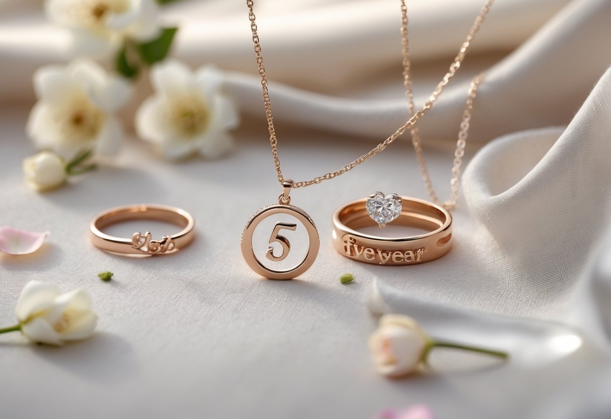 Close-up of elegant jewelry pieces including a necklace, rings, and bracelets arranged with small white flowers and rose petals on a soft fabric background.
