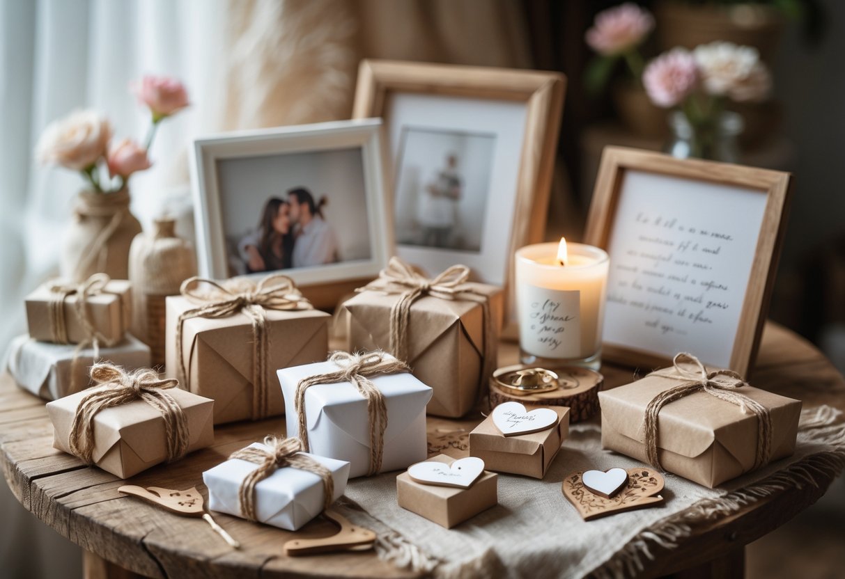A collection of handmade anniversary gifts including wrapped boxes, photo frames, candles, and keepsakes arranged on a wooden table in a cozy setting.