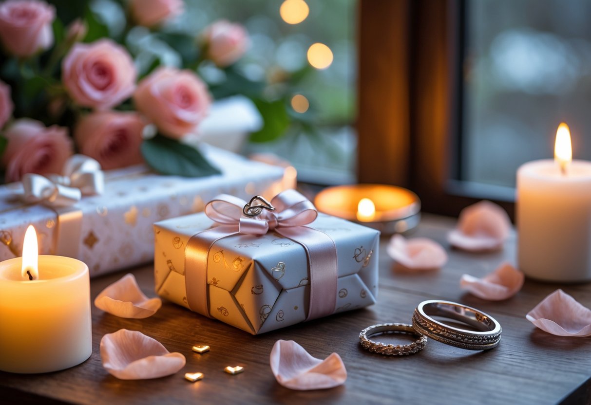 A table with a wrapped gift box, rose petals, lit candles, and two silver rings arranged for a romantic anniversary celebration.