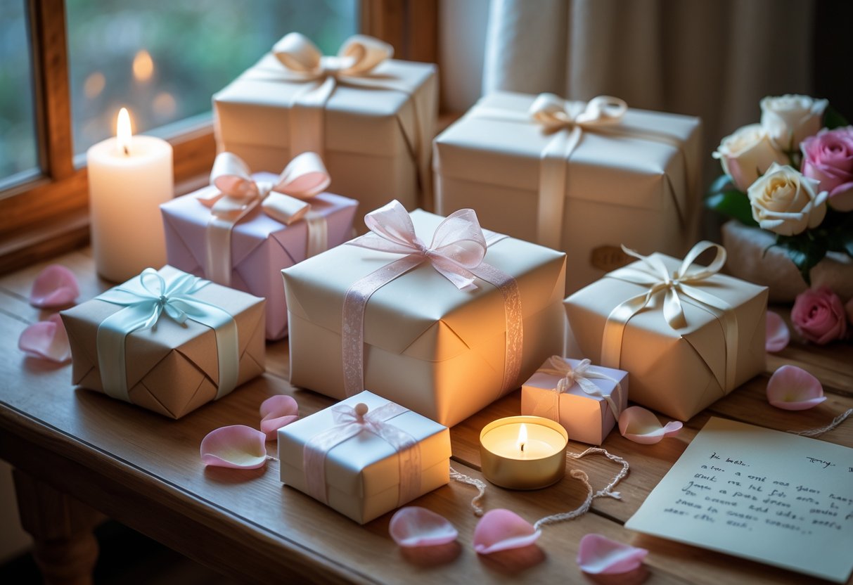 A cozy table with wrapped anniversary gifts, rose petals, a lit candle, and a love note, bathed in soft natural light.