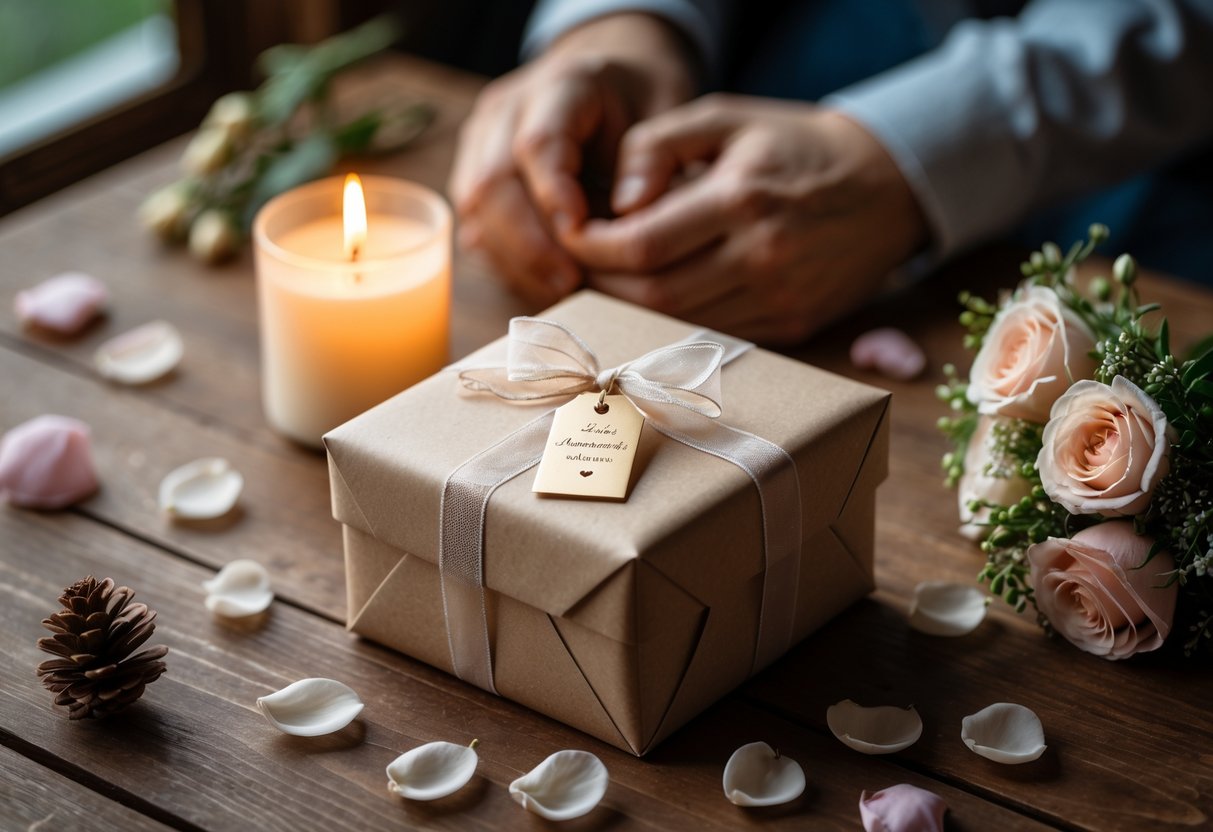 A wrapped anniversary gift with a ribbon on a table surrounded by rose petals and a lit candle, with a couple holding hands in the background.