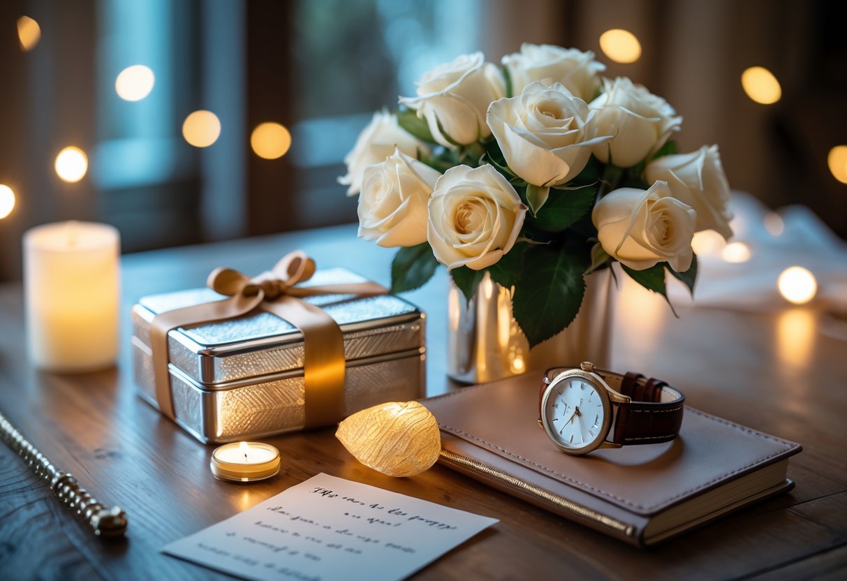 A table displaying elegant anniversary gifts including a silver keepsake box, leather journal, white roses, a wristwatch, and a handwritten note.