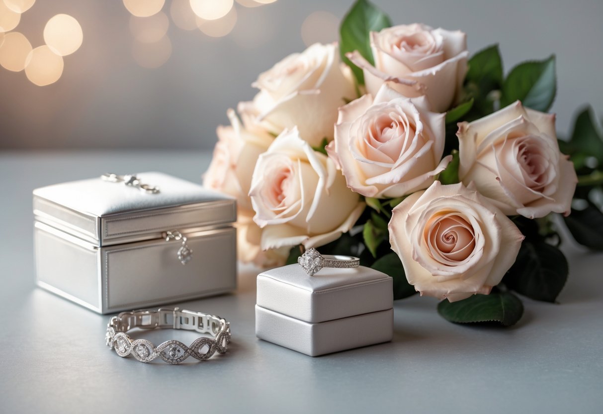 A close-up of elegant silver anniversary gifts with roses arranged on a neutral surface.