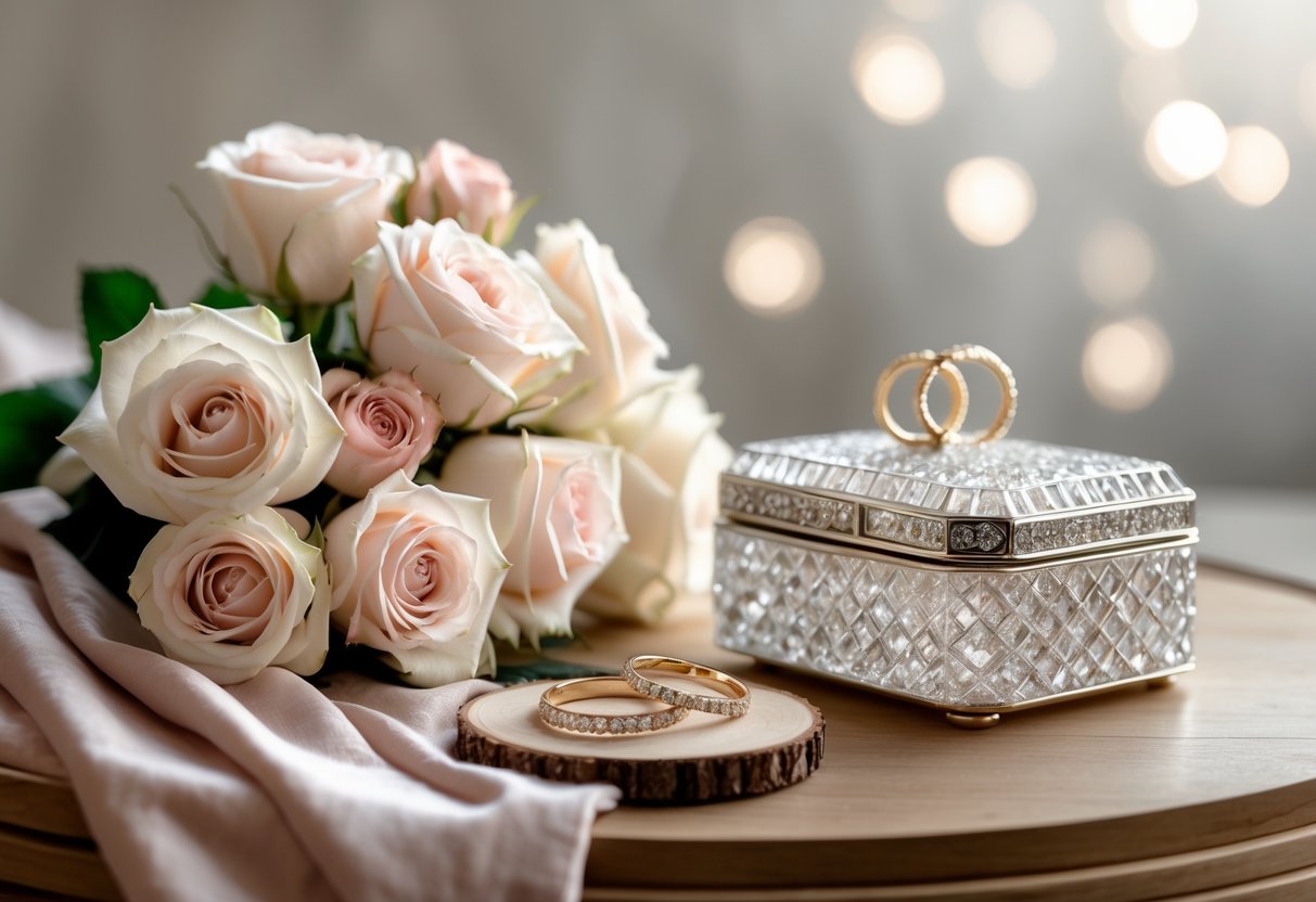 A close-up of elegant anniversary gifts including intertwined gold rings, a silver keepsake box, and a bouquet of white and blush roses on a wooden table.