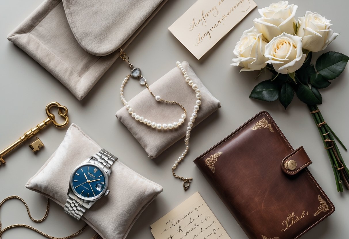 A flat lay of luxury anniversary gifts including a silver watch, pearl necklace, leather journal, white roses, a vintage key, and a handwritten note on a neutral background.