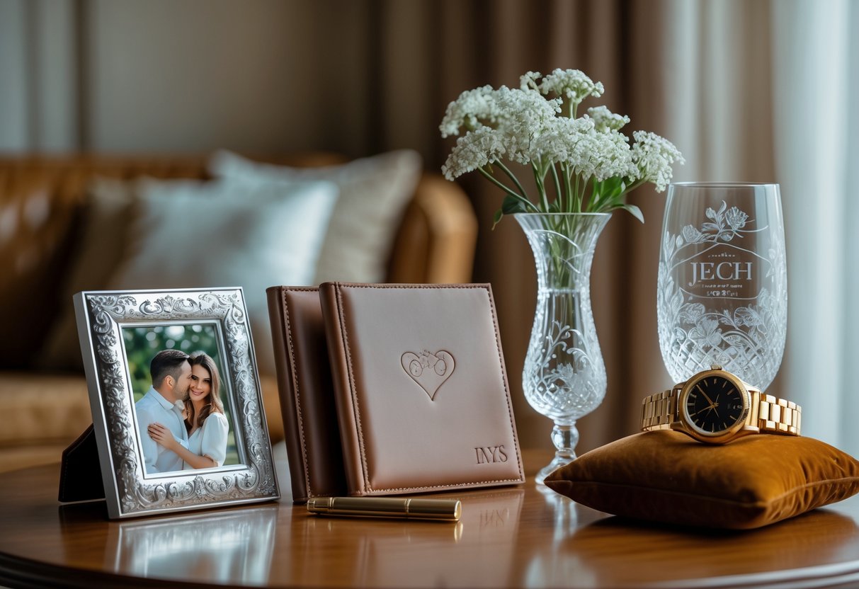 An arrangement of elegant personalized luxury anniversary gifts including a silver photo frame, crystal vase with flowers, leather journal, and gold-accented watch on a wooden surface.