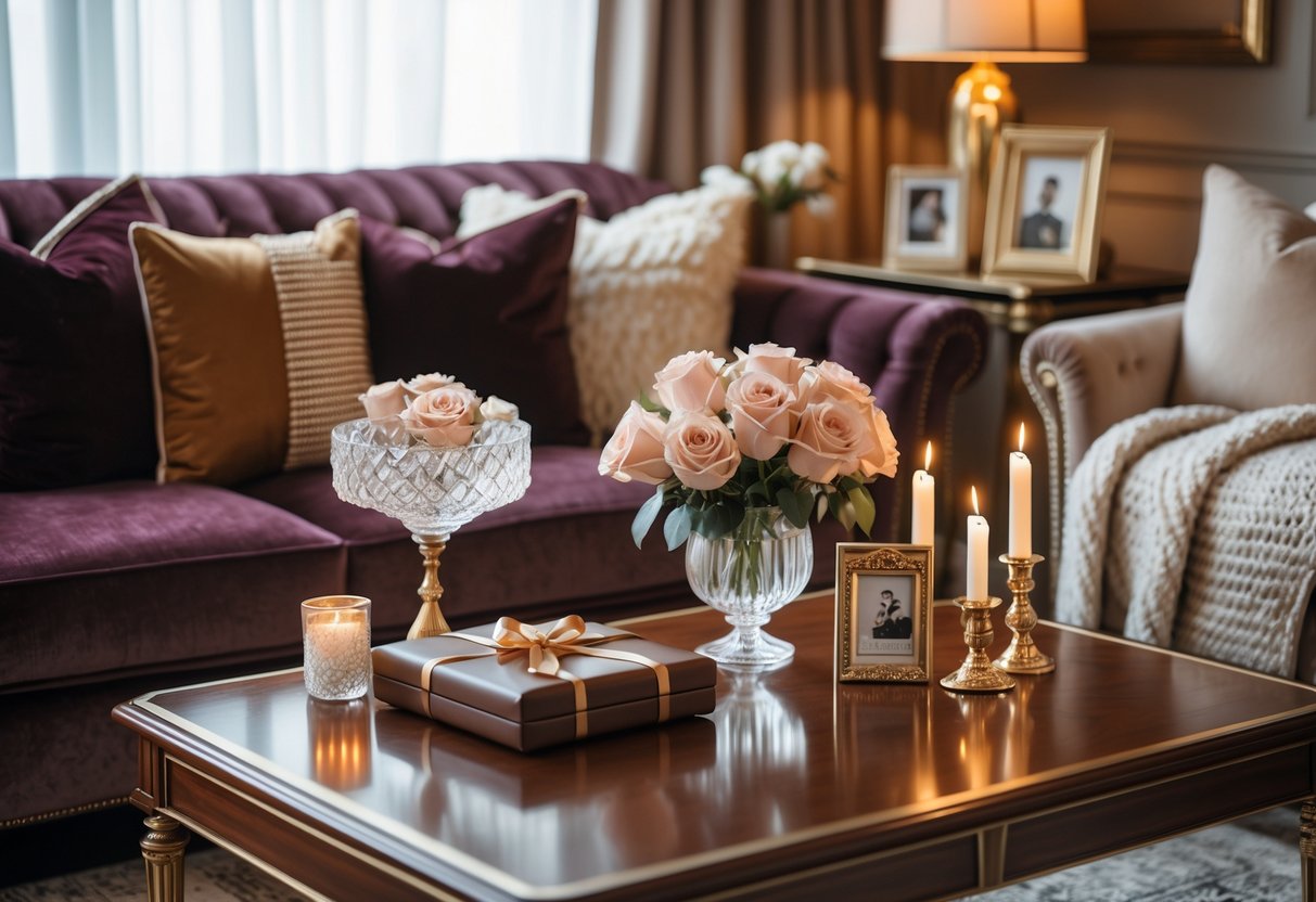 A cozy living room with a velvet sofa, decorative pillows, anniversary gifts on a wooden coffee table including a vase with roses, a photo album, and lit candles, with soft natural light coming through sheer curtains.