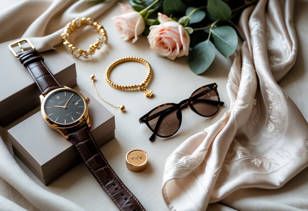 A flat lay of elegant fashion accessories including a leather watch, designer sunglasses, gold bracelet, and silk scarf arranged with fresh flowers on a soft fabric background.