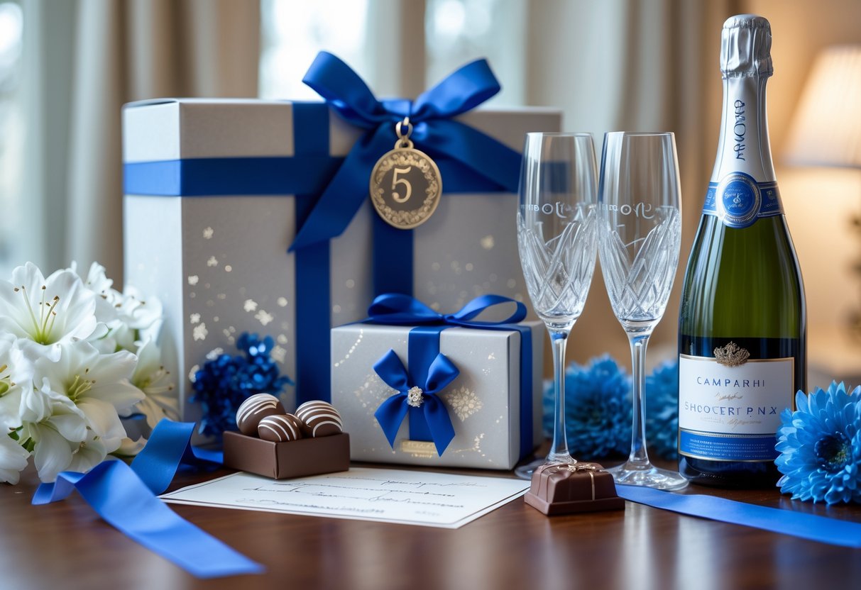 A luxurious anniversary gift set with champagne, chocolates, a handwritten note, and flowers arranged on a wooden surface.