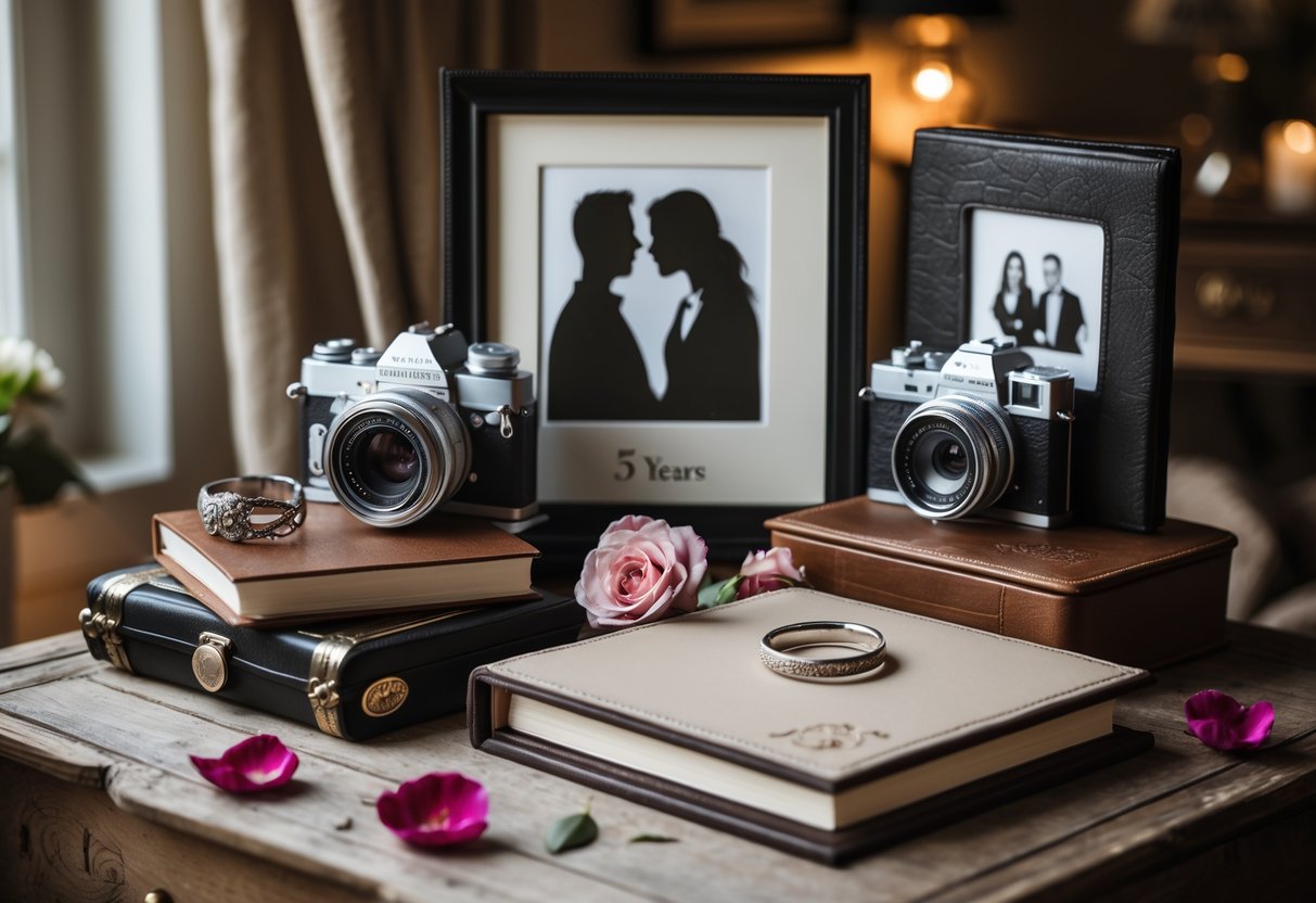 A cozy arrangement of anniversary keepsake gifts including framed couple photos, a vintage camera, wedding rings, and a leather photo album on a wooden surface with rose petals.