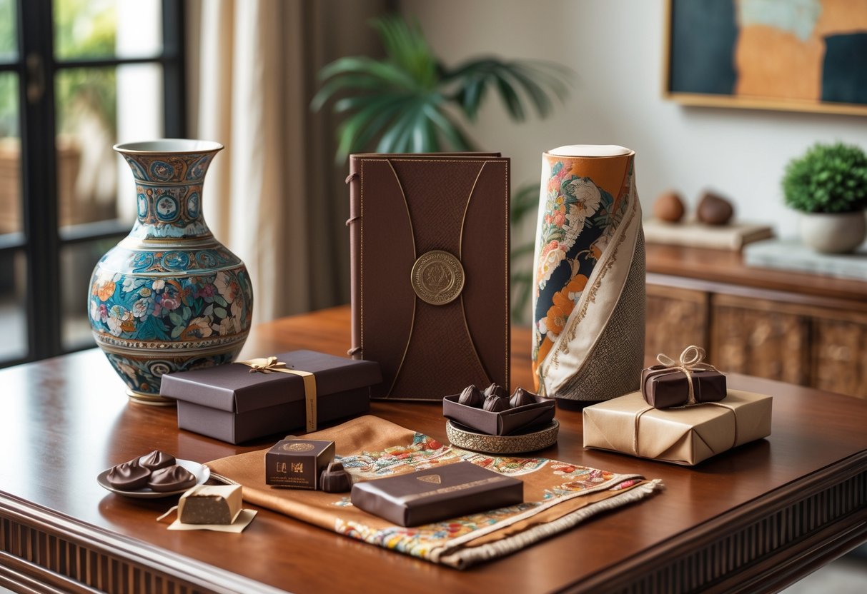 A table displaying luxury anniversary gifts including a ceramic vase, leather journal, silk scarf, and artisanal chocolates in a cozy room.