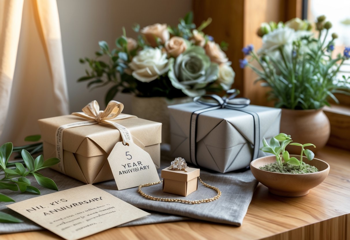 An elegant arrangement of sustainable anniversary gifts including a wrapped box, handcrafted jewelry, organic flowers, a handwritten note, and a small potted plant on a wooden surface.