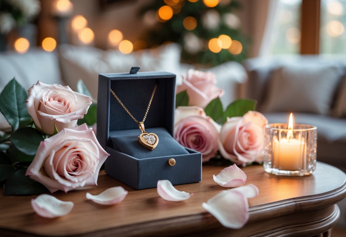 A close-up of an open velvet gift box with a gold necklace inside, surrounded by roses and a lit candle on a wooden table in a cozy living room.