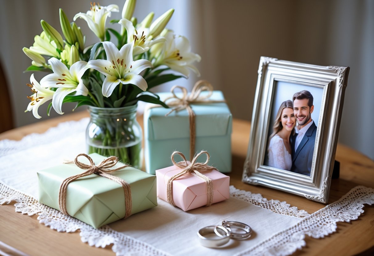 A wooden table with a bouquet of flowers, wrapped anniversary gifts, a photo frame with a couple's picture, and wedding rings arranged together.