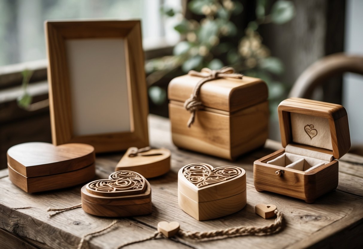 A collection of wooden anniversary gifts including a photo frame, jewelry box, and carved heart ornament arranged on a wooden table.