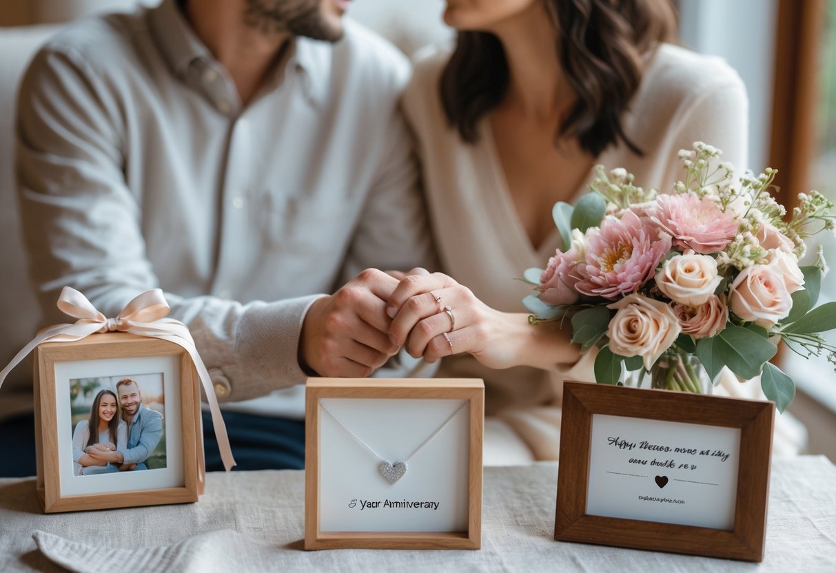 A couple sitting closely at a table with anniversary gifts, smiling and holding hands in a warm, intimate setting.